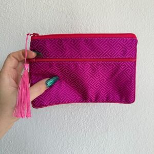 vintage silk brocade zipper pouch with tassel in magenta fuchsia pink & red